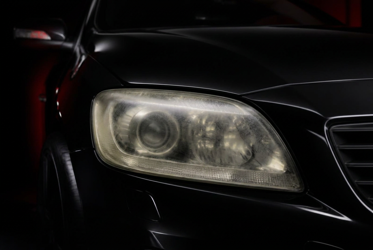 Clouded, yellowed headlight lens before restoration in Bolingbrook, IL