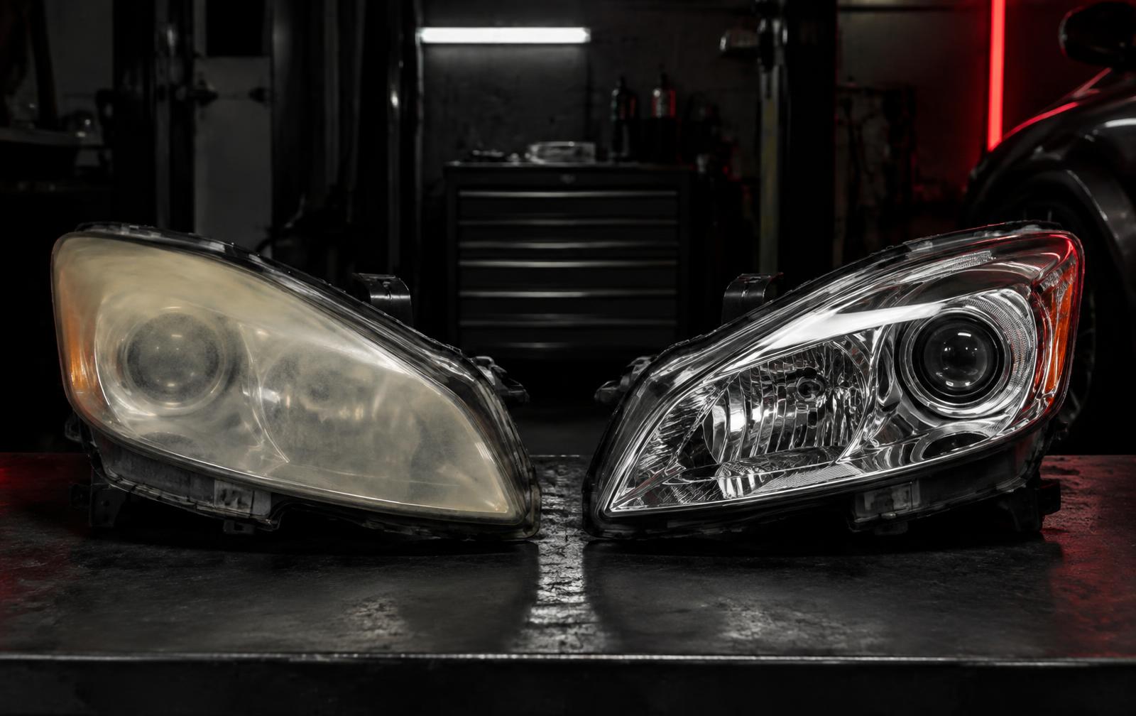 Clouded yellow headlight lens beside a restored clear lens under hard shop lighting in Bolingbrook, IL